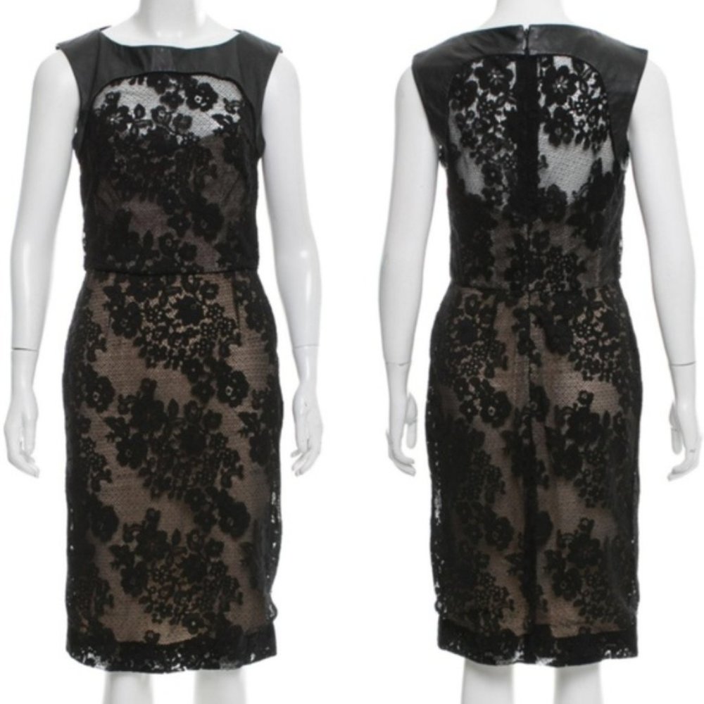 {Monique Lhuillier} Black Lace Leather Trim Dress